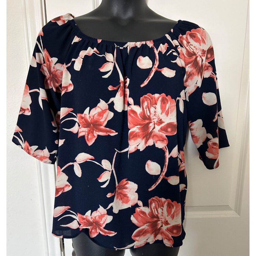 Floral Navy & Coral Blouse With Elastic Neckline & 3/4 Sleeves Lightweight Fabri